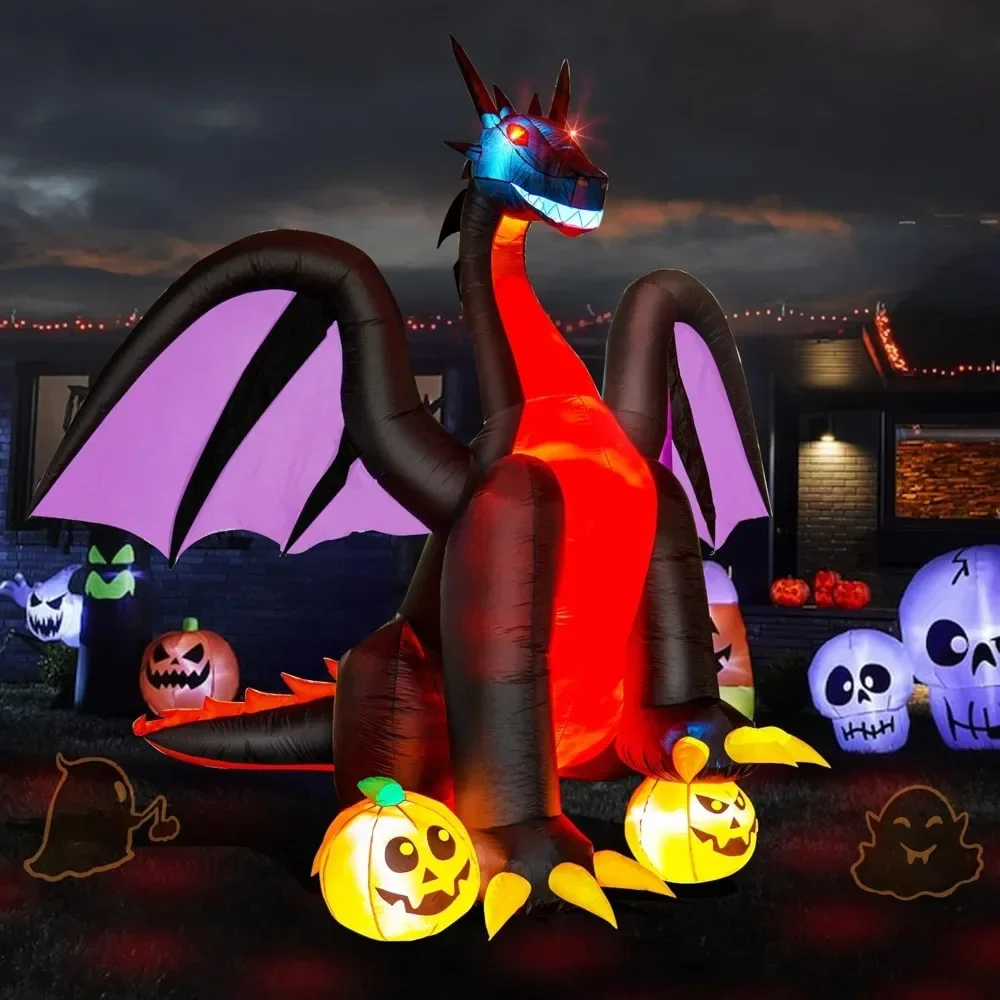 

8 FT Halloween Inflatables Decorations, Animated Fire Dragon with Pumpkin, Build-in LED, Blow up Decors for Indoor Outdoor Home