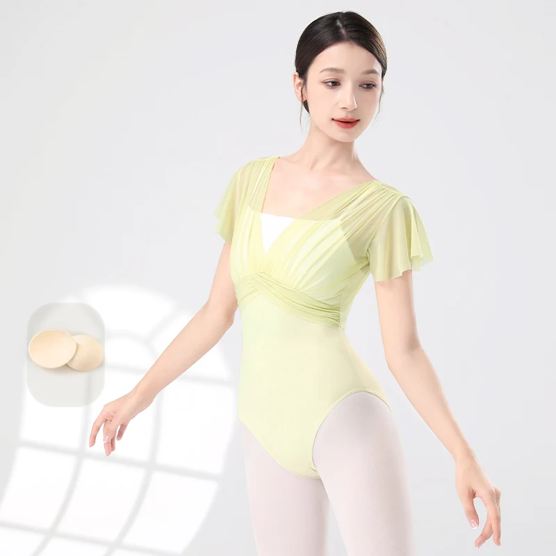 Vrouwen Ballet Maillots Dans Turnpakje Nylon Gesplitst Korte Mouw Plooien Ballet Bodysuit Volwassen Nep Tweedelige Gymnastiek Maillots