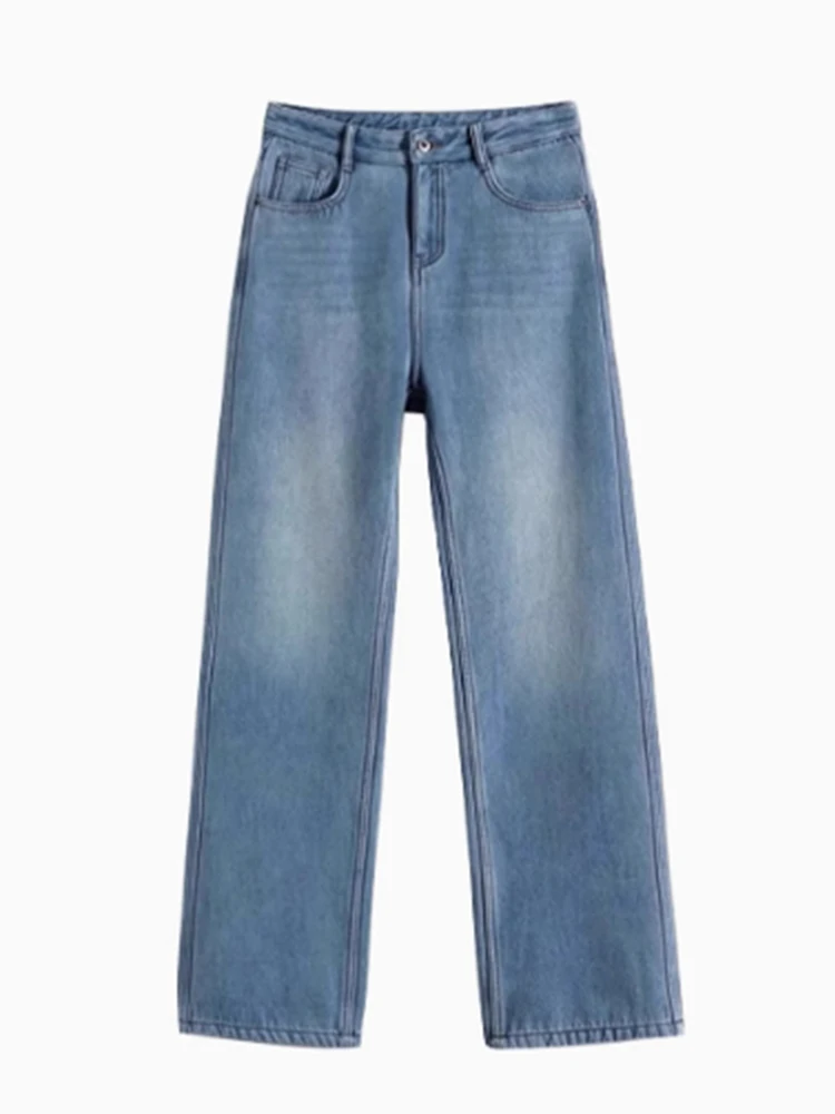 Jean en Denim pour femme, grande taille, doublé Fce, taille haute, ample, jambe droite, longueur au sol, pantalon d'hiver, bleu chaud