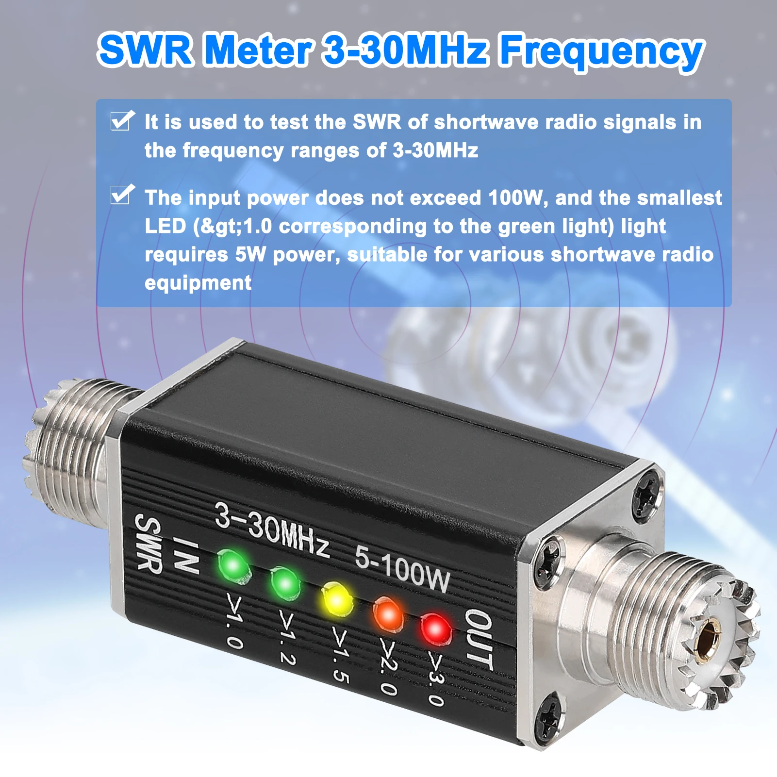 100W Shortwave Standing Waves 5LED SWR Meter 3-30MHz Frequency Max Indicator RF-tapped Powered M Female Port Standing Wave Meter