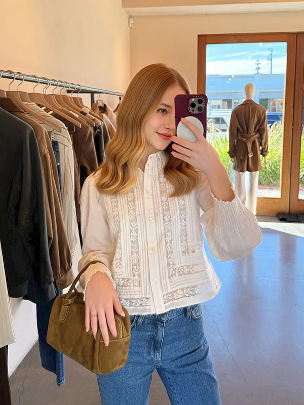 

French Style Long Sleeve Lace Trimmed Doll Collar Patchwork Shirt Breathable Skin-Friendly Cotton Spring Summer New Arrival
