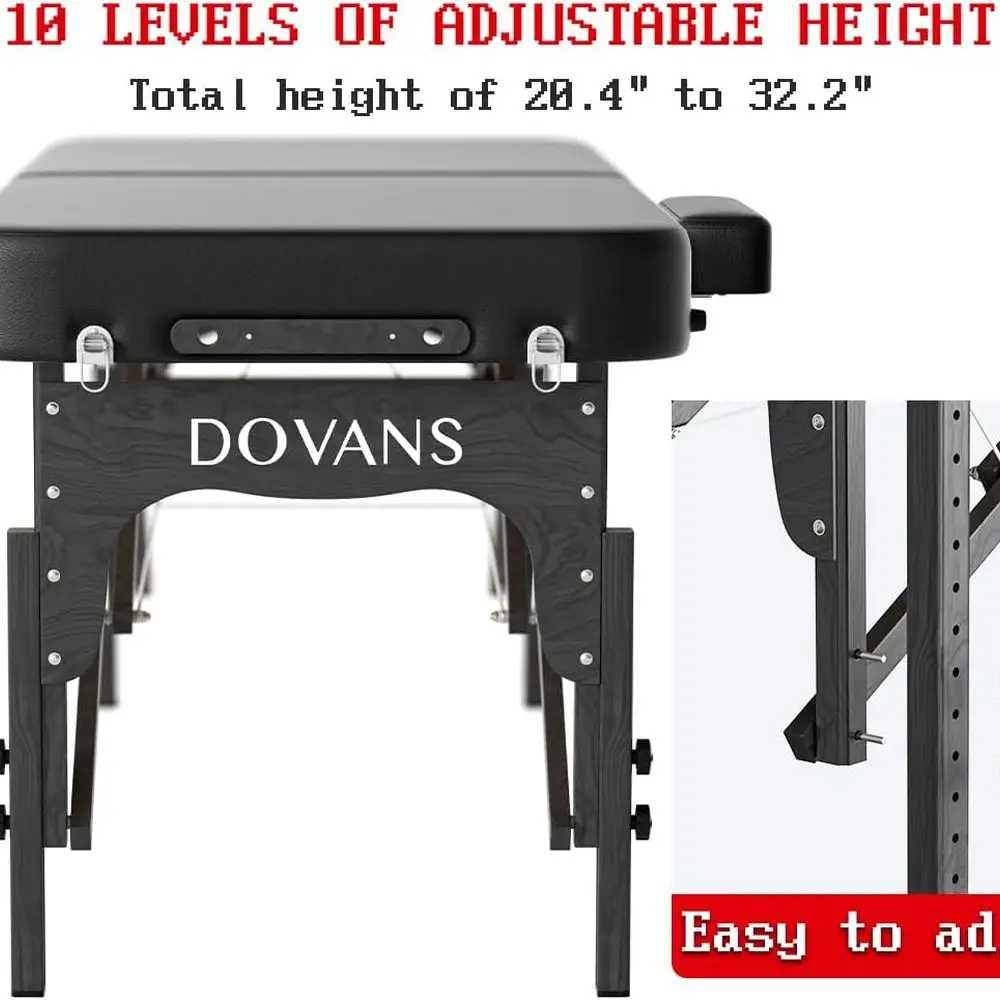طاولة تدليك ممتازة محمولة مع رغوة مرنة، أرجل خشبية، تحمل 1100 رطل، 10 ارتفاعات قابلة للتعديل، حقيبة حمل، باللون الأسود بالكامل