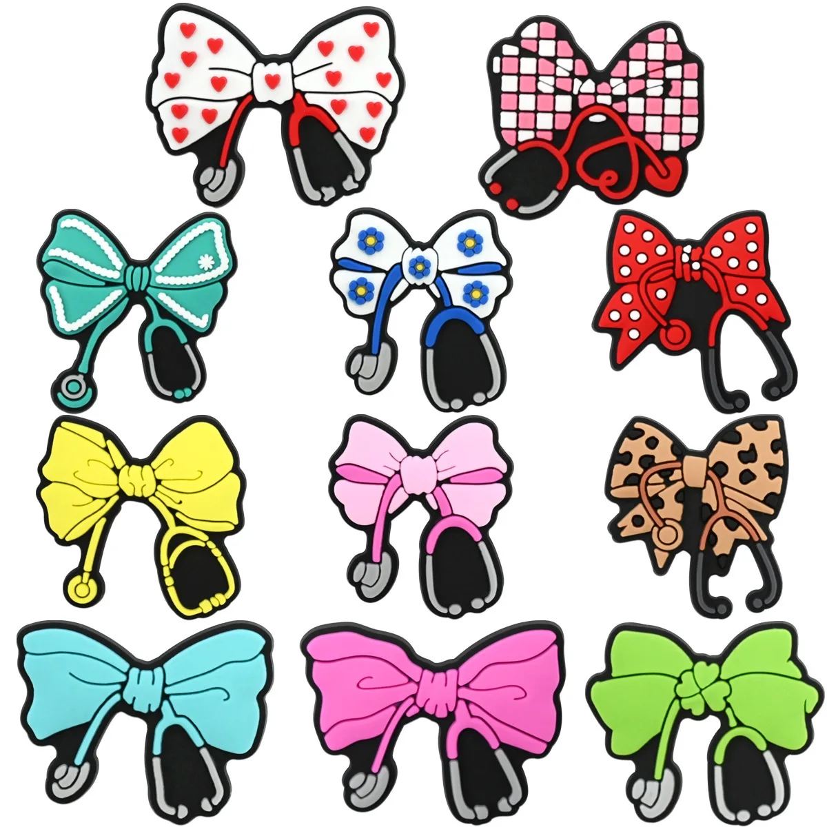 New Arrival 11-50Pcs Bowtie Stethoscope PVC Shoe Decorations Colorful Slipper Buckle Charms Fit Holiday Gifts