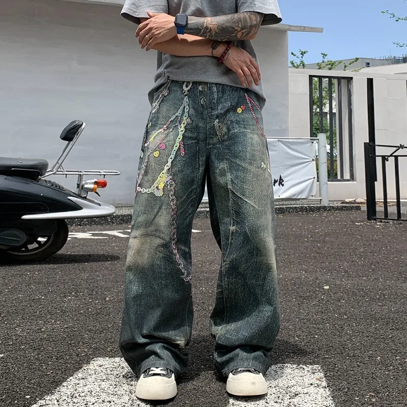 Edgy Men's Chain Detail Distressed Jeans Wide Leg Baggy Fit Streetwear Casual Premium Black Denim Pants