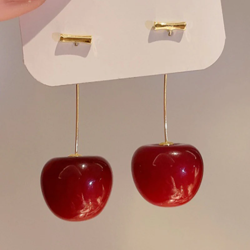 Sweet Red Cherry Earrings for Women Fashion Delicate Fruit Design Drop Dangle Earrings Wedding Party Korean Ear Jewelry Gift