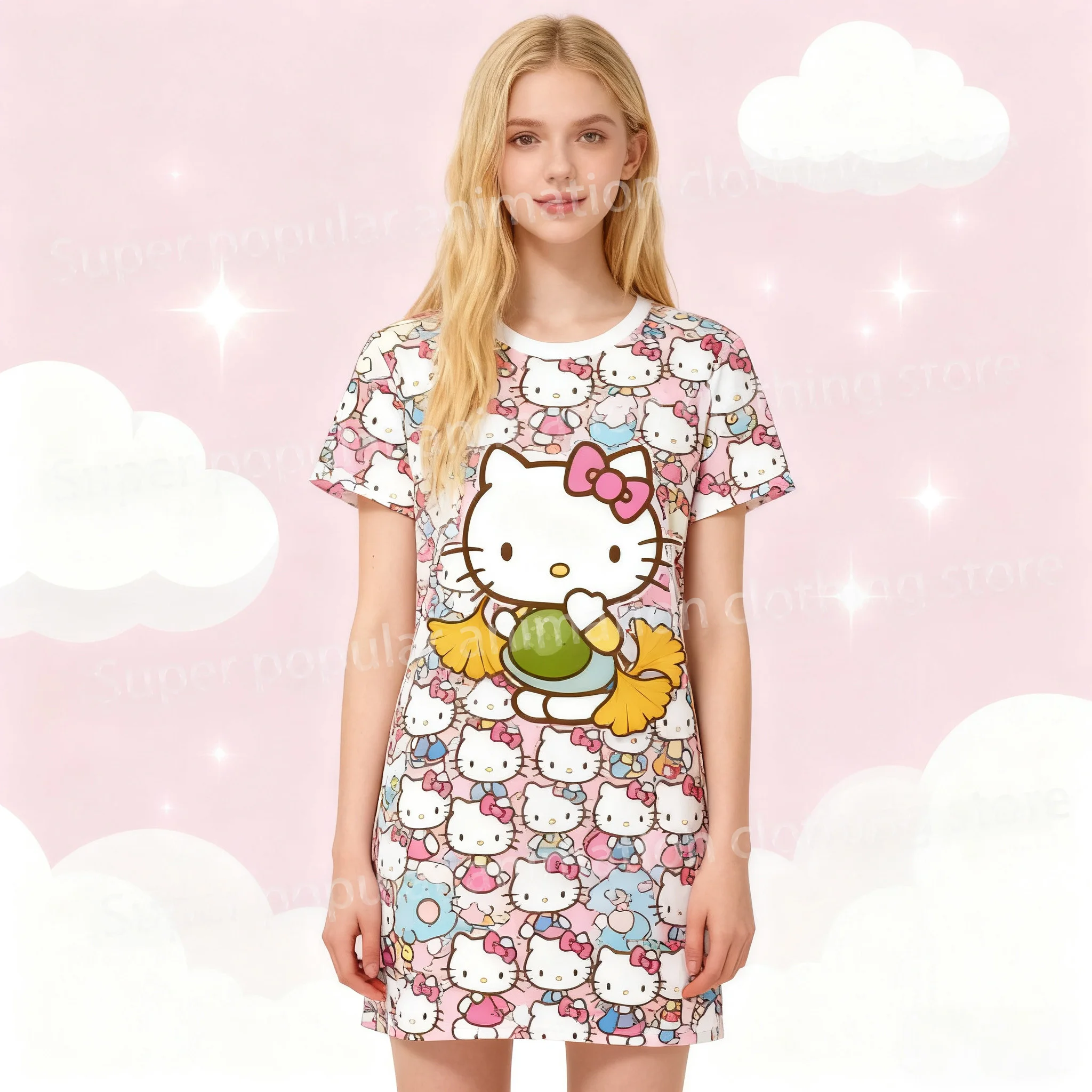 

Hello Kitty 3D Print Dress Cute Cartoon Short-sleeved O-neck T-shirt Dress Fashionable Nightdress Basic Daily Wear Holiday Gifts