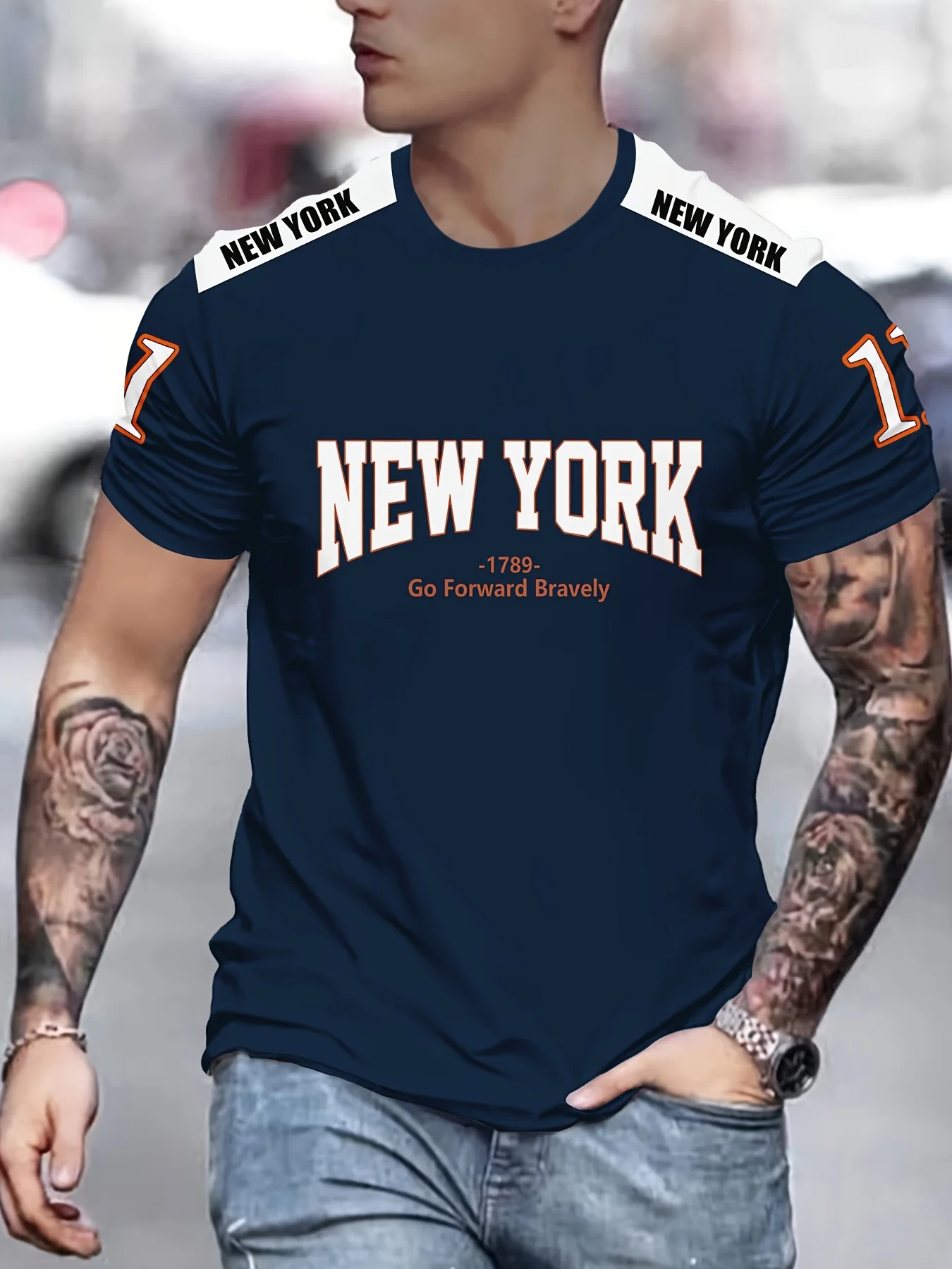 

Men'S Casual Crew Neck T-Shirt,100% Polyester Knit Fabric,3D Print New York Graphic Tee,Slight Stretch,Regular