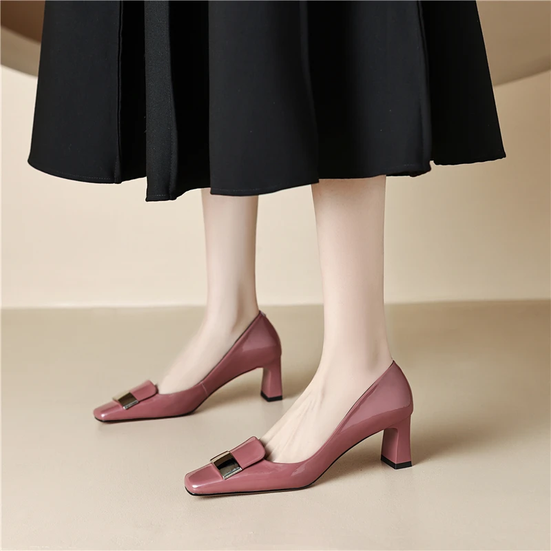 Drestrive New Arrival Women\'s Pumps Square Toe Thick Heels Cow Patent Leather 2024 Elegant Shoes Beauty Colors High Quality