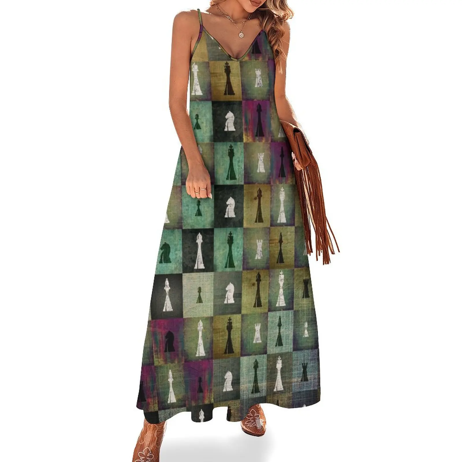 

Paint and Print Chessboard and Chess Pieces pattern Sleeveless Dress women clothes dress women elegant luxury