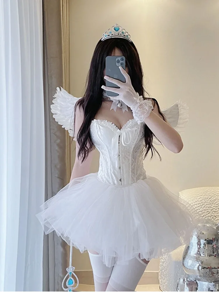 Korean sexy fairy 2 piece set women white V-neck camisole crop tops mesh Tutu a-skirt suit Halloween Party Angel cosplay costume