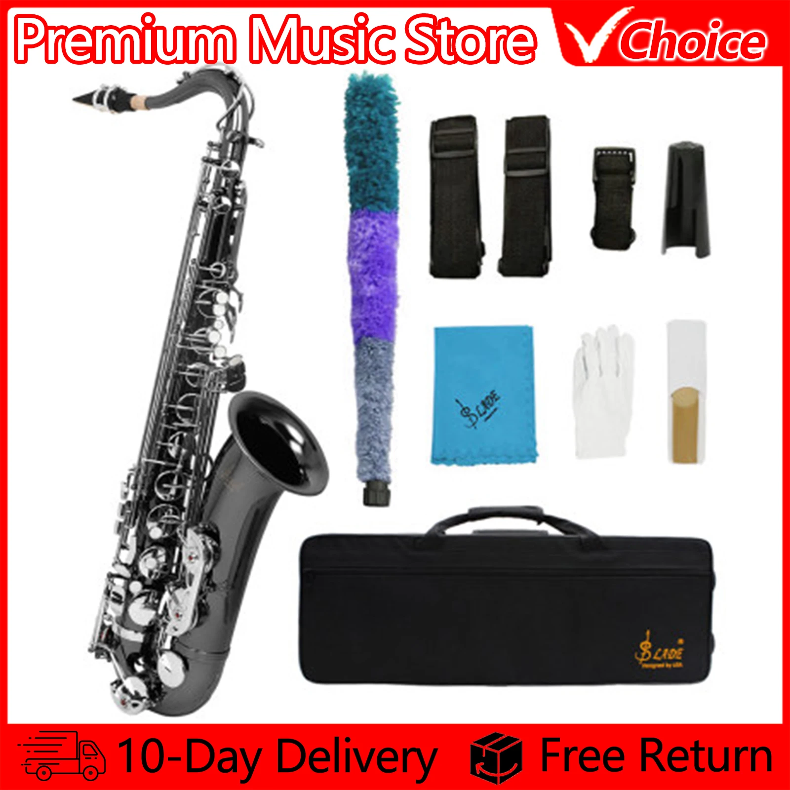 Bb Tenor Saxophone SLADE Black Nickel Plated Brass High Quality Tenor Saxophone Music Instrument Tenor Sax with Case Bracket