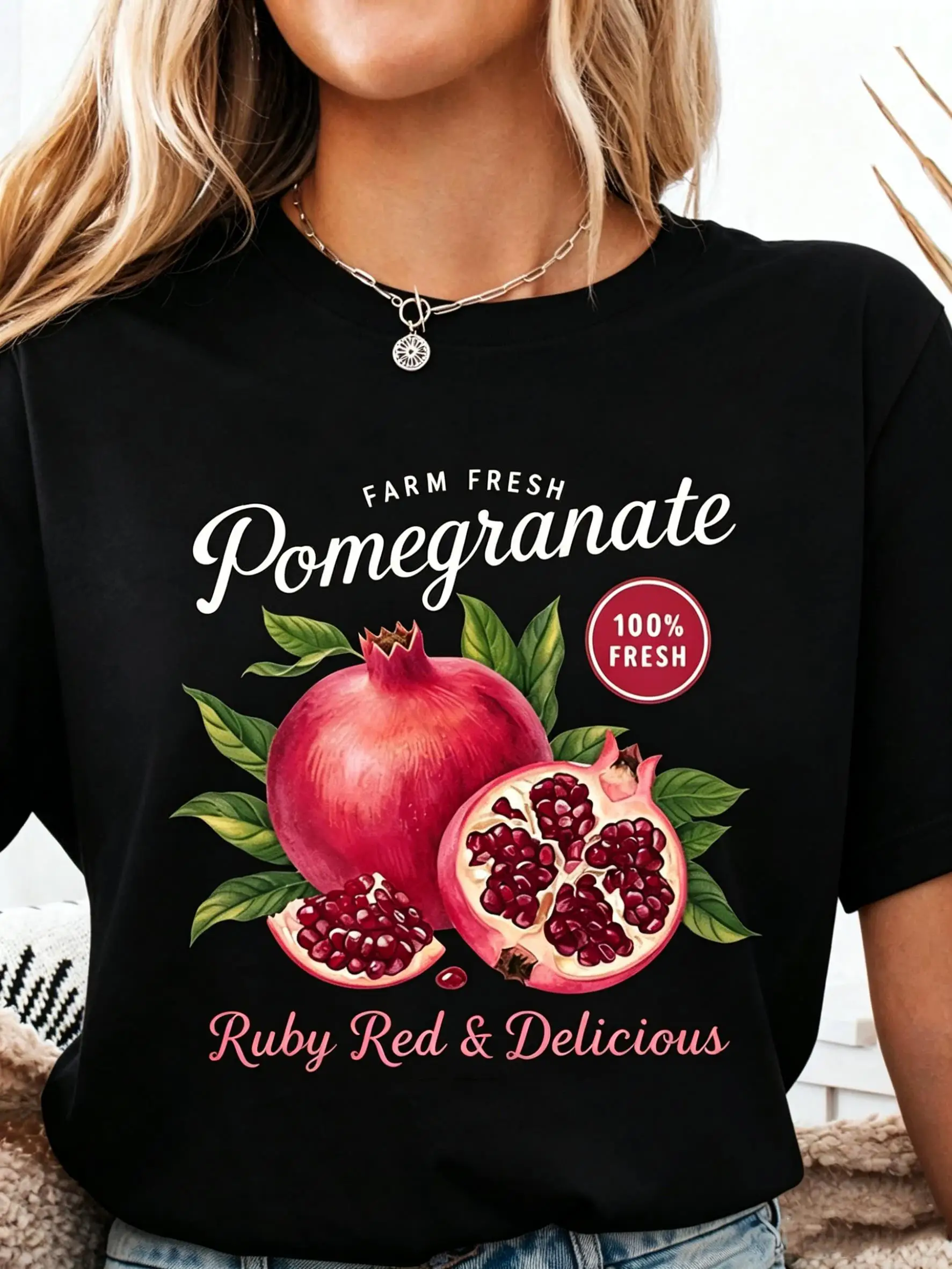 Farm Fresh Delicious Pomegranate Print Women T-Shirt Cotton Y2K T Shirts Sports Running Short Sleeve Loose Summer Streetwear
