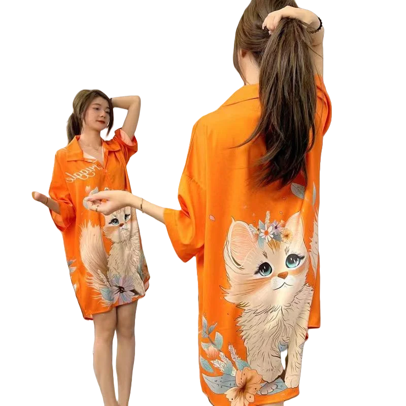 Cartoon cat print Ice silk nightdress women\'s summer thin short sleeve loose shirt shorts pajamas women\'s two sets of home wear