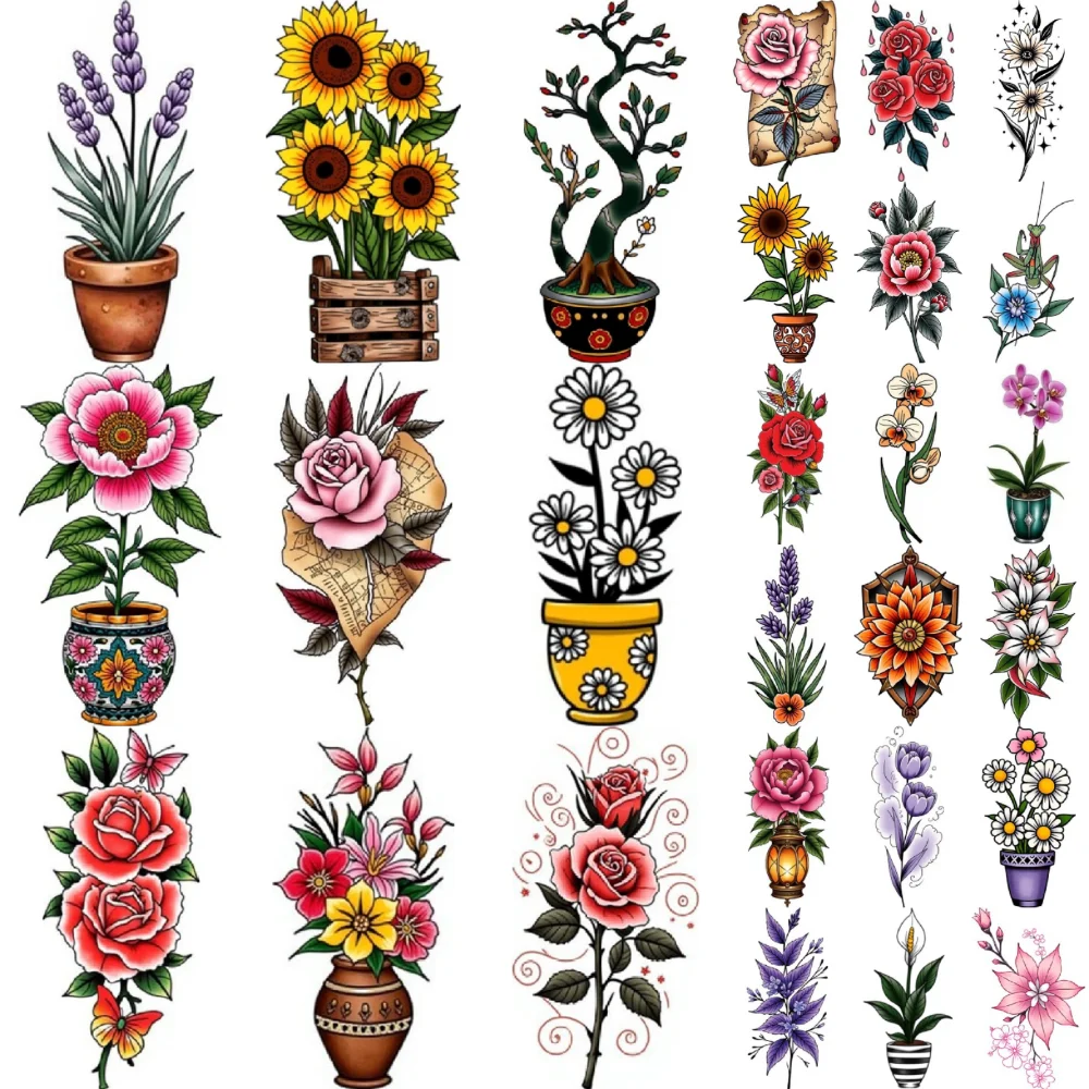 28 個一時的なタトゥー一時的なタトゥーステッカー鉢植えの花ボタニカルアートフラワーアレンジメント男性大人女性