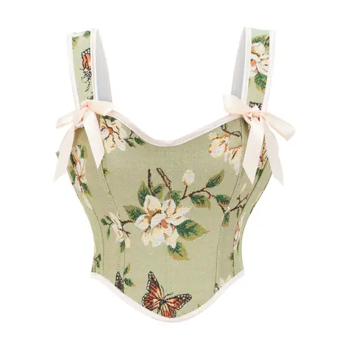 Green Floral And Butterfly Print Straps Overbust Vintage Corset Top Gothic Clothes Women Sexy Bustier Victorian Corsetto Donna