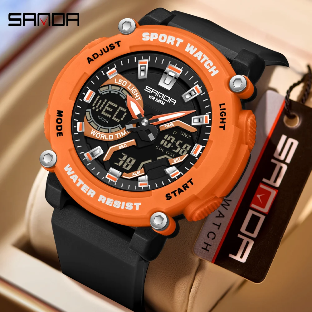 SANDA Outdoor Men's Electronic Wristwatch Large Dial Multifunctional Waterproof Luminous Alarm Military Sports Watch
