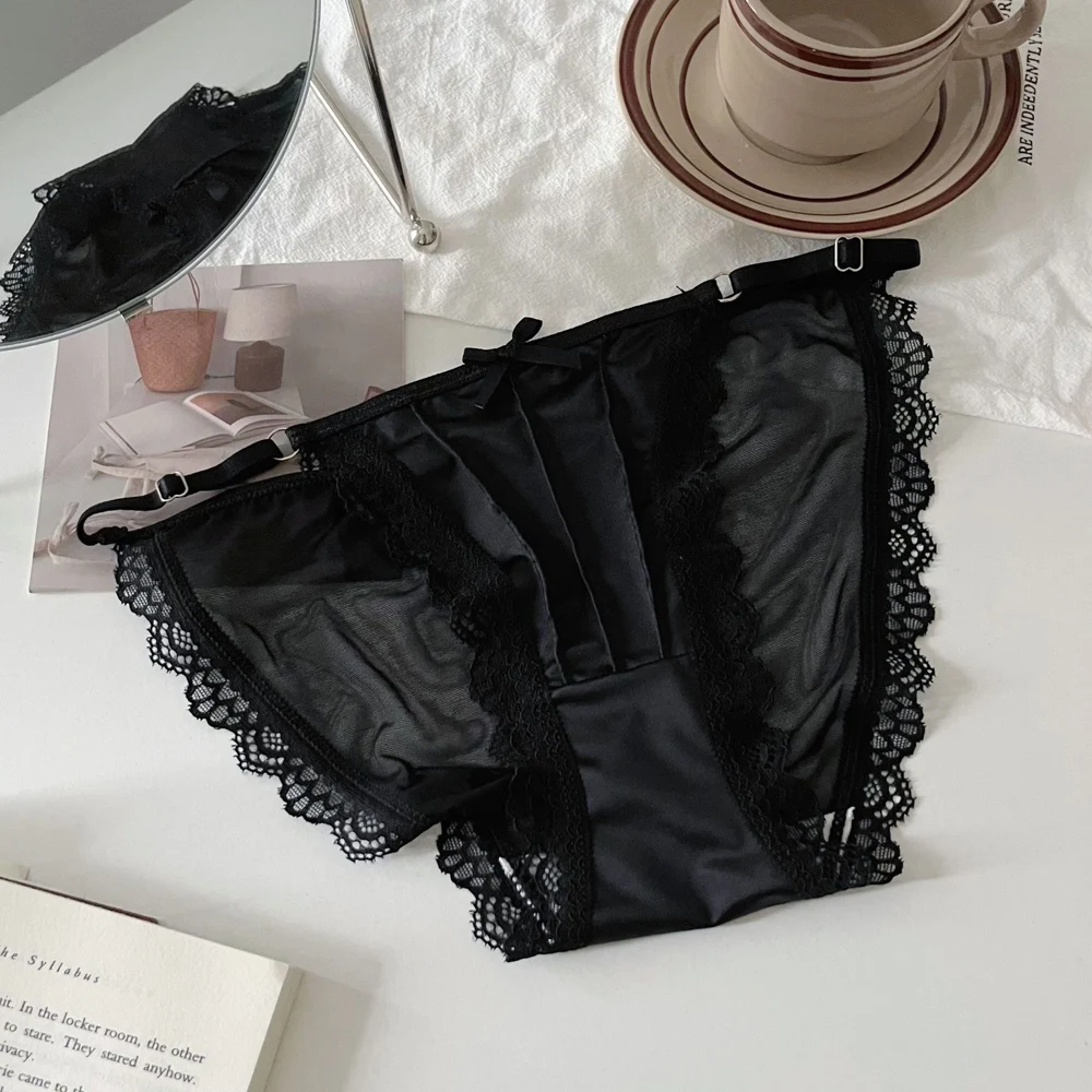 Vintage Satin Panties Solid Color Underwear Breathable Women French Sexy Lace Bow Adjustable Belt Female Thin Mesh Briefs
