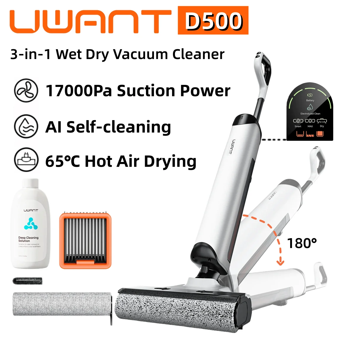 Aspirateur sans fil Uwant D500, aspirateur et serpillière, pliable à plat, 65 ° Nettoyeur de sol domestique autonettoyant à triple brossage latéral 17000 Pa