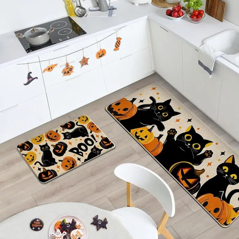 VIKAMA Halloween Kitchen Mat Set Black Cat Pumpkin Boo Funny Non Slip Runner Entryway Floor Spooky Decor Washable Durable Unique