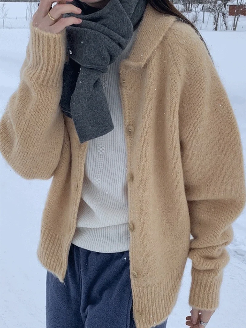 เสื้อคาร์ดิแกนไหมพรมถักแบบเปิด แขนยาว ทรงหลวม คอปก สำหรับผู้หญิง ช่วยให้ดูผอมเพรียว เหมาะสำหรับฤดูใบไม้ร่วงและฤดูหนาว รุ่นใหม่ เสื้อชั้นใน