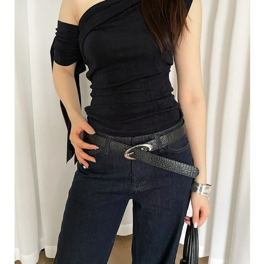 Trendy Simple Design Women's Belt Red Black Luxury Lychee Pattern Waist Belt Casual PU Leather Jeans Belt Dress