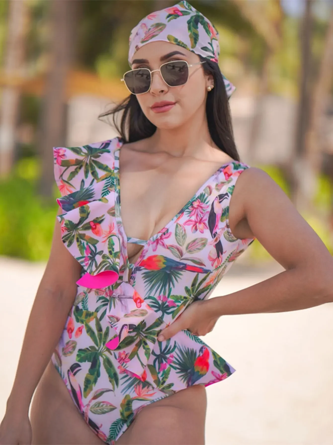 

Women's Sexy Ruffle V-Neck One-Piece Swimsuit, Backless Bodysuit, Swimwear, Bathing Suit, Beach Wear, Female Swimming Suit, 2024
