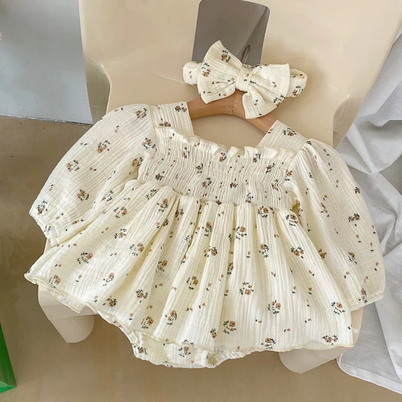 Muslin Baby Girl Jumpsuit Headband 2Pcs Floral Cotton Infant Outfit Set Toddler Rompers for Girls Clothes Autumn Kids Suits