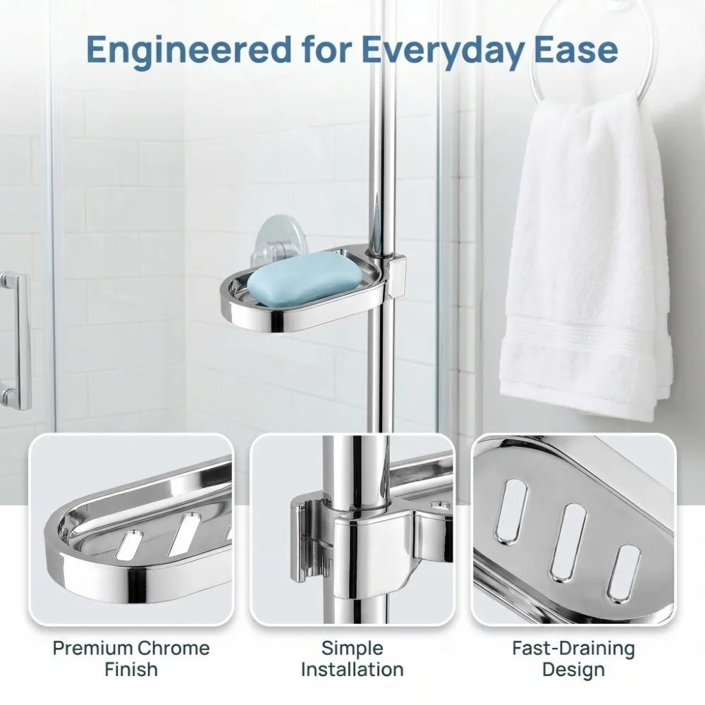 Space-Saving ABS Soap Dish Clip-on Design Silver Shower Rod Soap Dish Adjustable No Drill Soap Tray Bathroom Shower Kitchen Sink