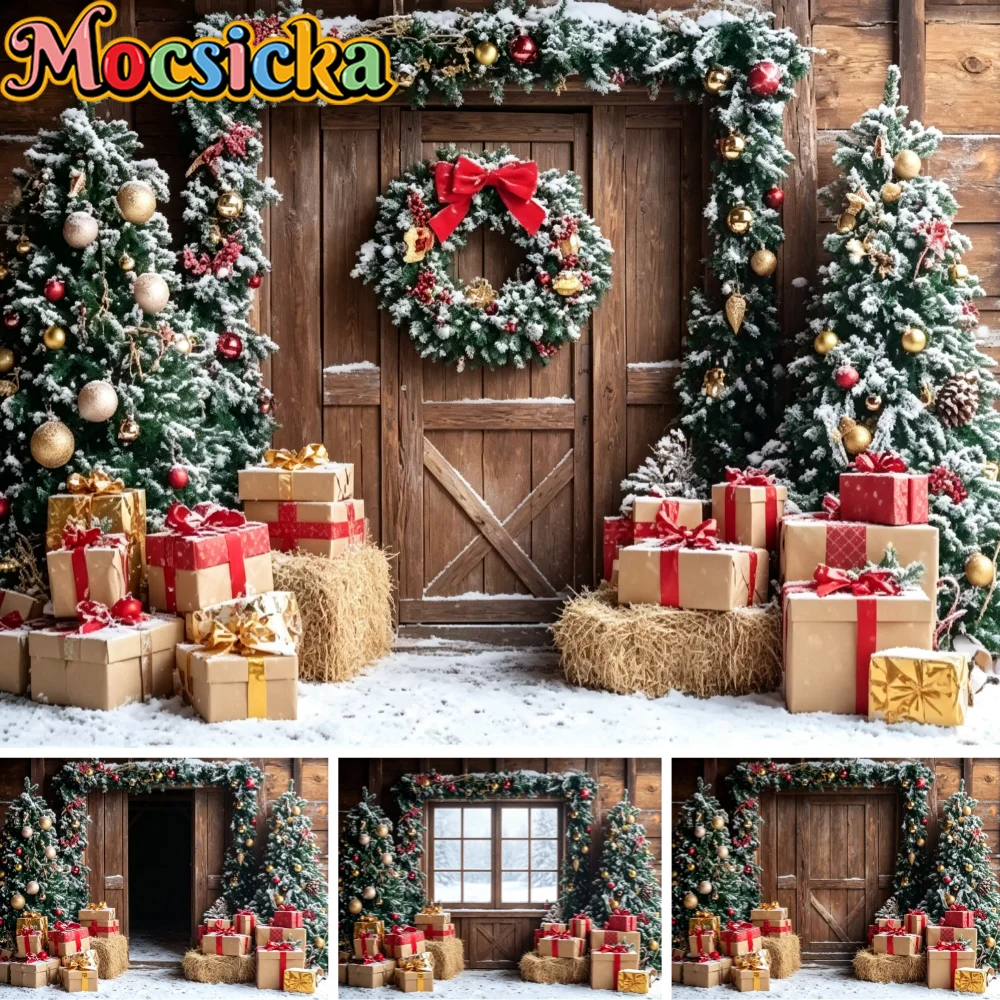 Barn Door Christmas Backdrop Snow Tree Wreath Bow Hay Gift Decor Kids Family Portrait Studio Shooting Photo Background Prop