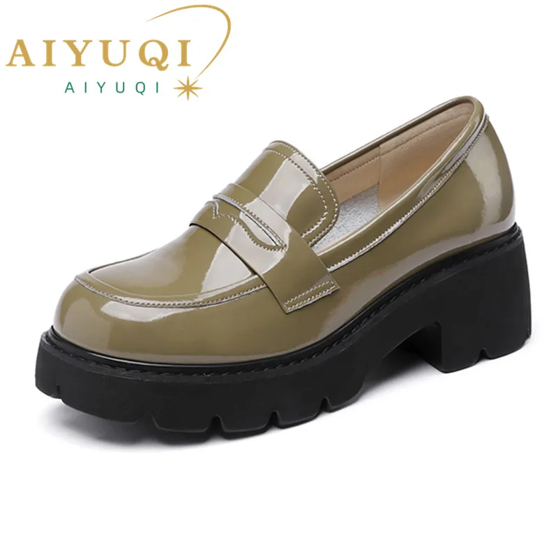 AIYUQI Loafers Shoes Women Genuine Leather Spring Platform Women Plus Size Shoes British Style Fashion Green School Shoes Women