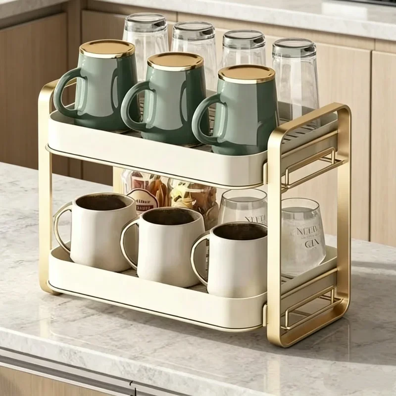 2-Tier Cup Holder Storage Rack Multifunctional Drying Rack Drip Tray Drain Organizer Wine Tea Coffee Glasses Cups Kitchen Use