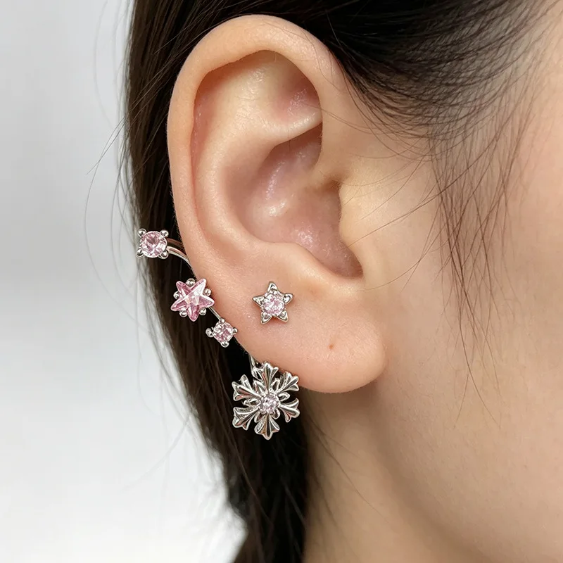 Snowflake Starry Back Hanging Earrings Ear Bone Nails Girl Gorgeous Titanium Steel Pentagram Earrings Removable Ears Stud