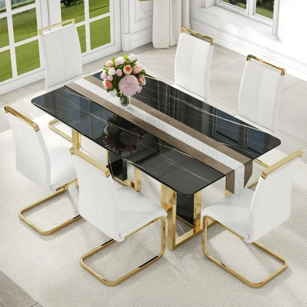 

79'' Modern Dining Table Set for 8,Black Kitchen Set,Luxury Dining Table Set with 1.8-inch Thick Faux Marble Top