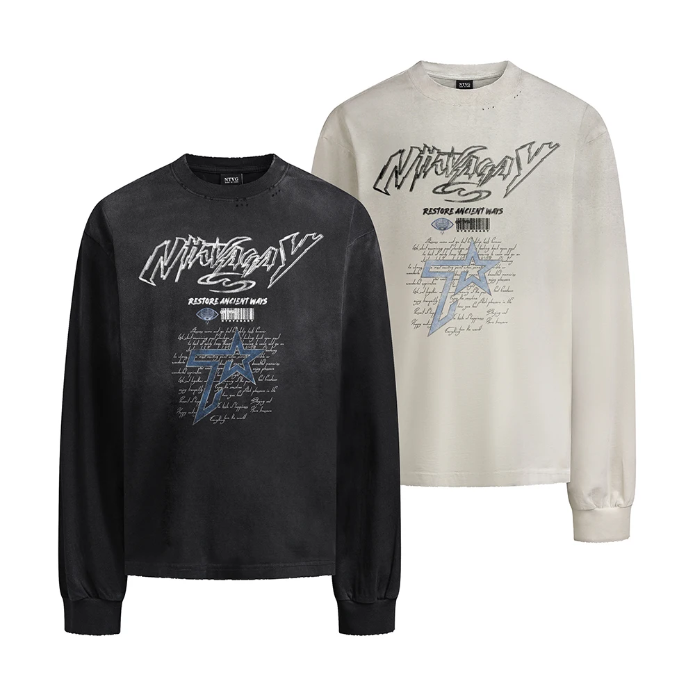 Retro Washed Print Men's T-shirt Ripped Oversized Y2k Goth Women Clothes Streetwear Cotton Vintage T Shirt Long Sleeve Tops Tee