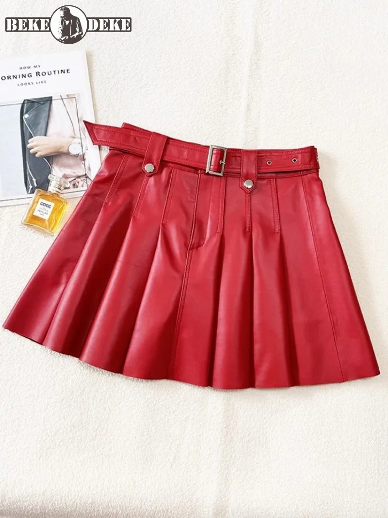 

Sweet Women Slim Fit Belted Mini Pleated Skirt High Waist Soft Sheepskin Genuine Leather Short Skirts Sexy Stage Show Size 4XL