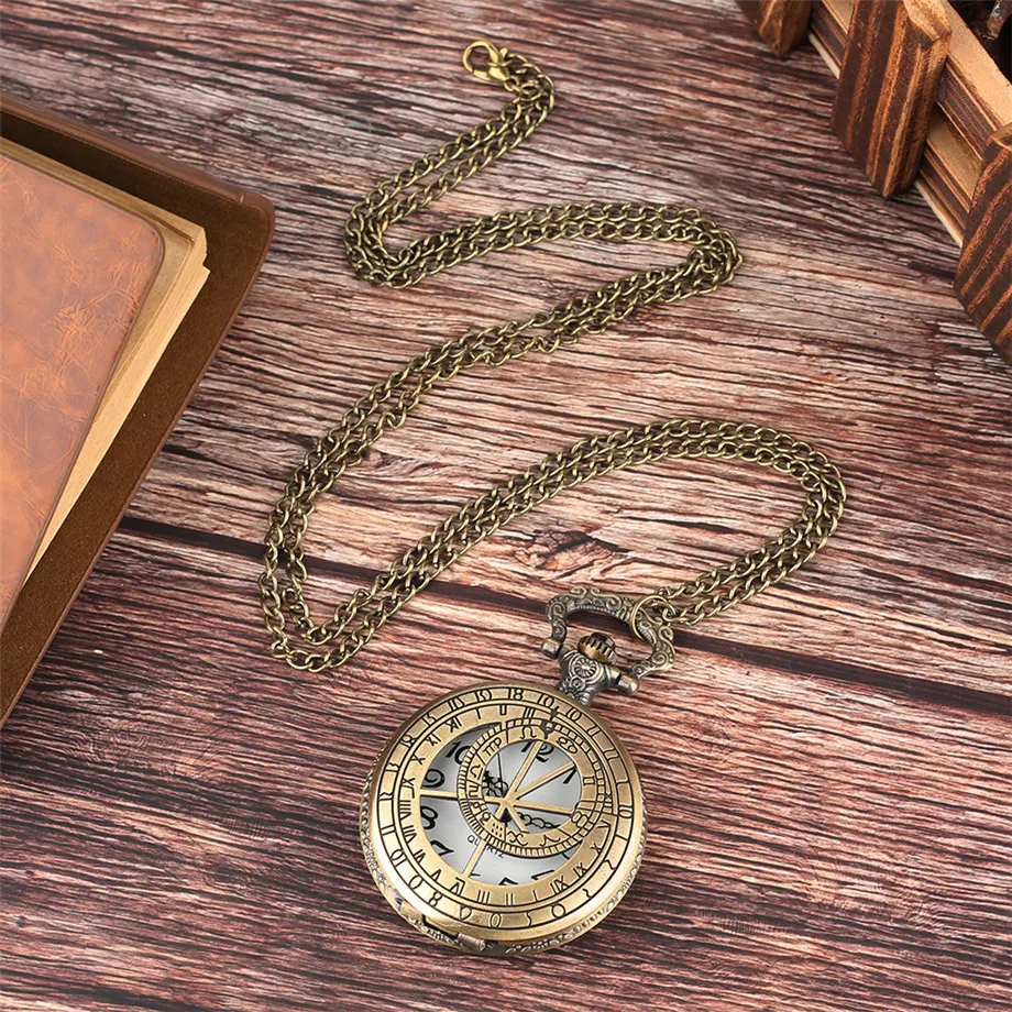 Vintage Hollow Out Geometry Case Men Women Quartz Analog Pocket Watch Half Hunter Pendant Necklace Fob Chain Classic Clock