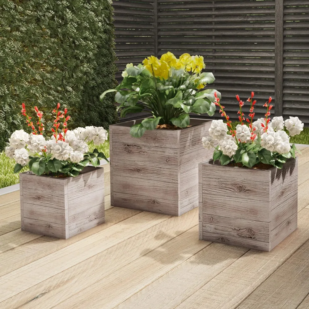 

Home Garden Decorations 3-Piece Wood-Look Fiber Clay Square Planter Set Garden Pots & Planters for Plants Decoration Supplies