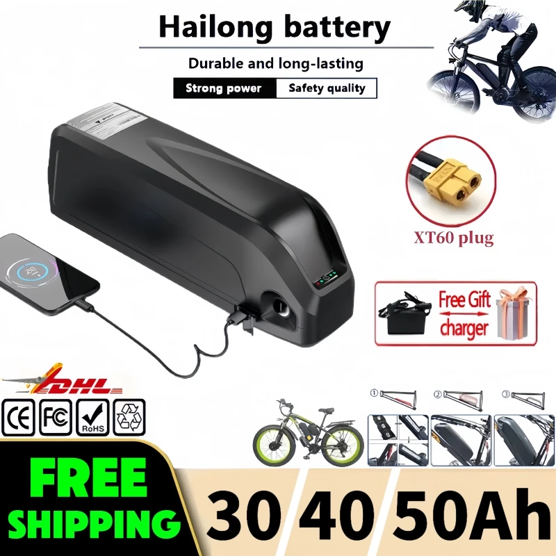 100% Original 36V 48V 52V Hailong Battery 30Ah 40AH 50Ah WithBMS ，For 350W 500W 750W 1000W motor Electric Mountain Bike