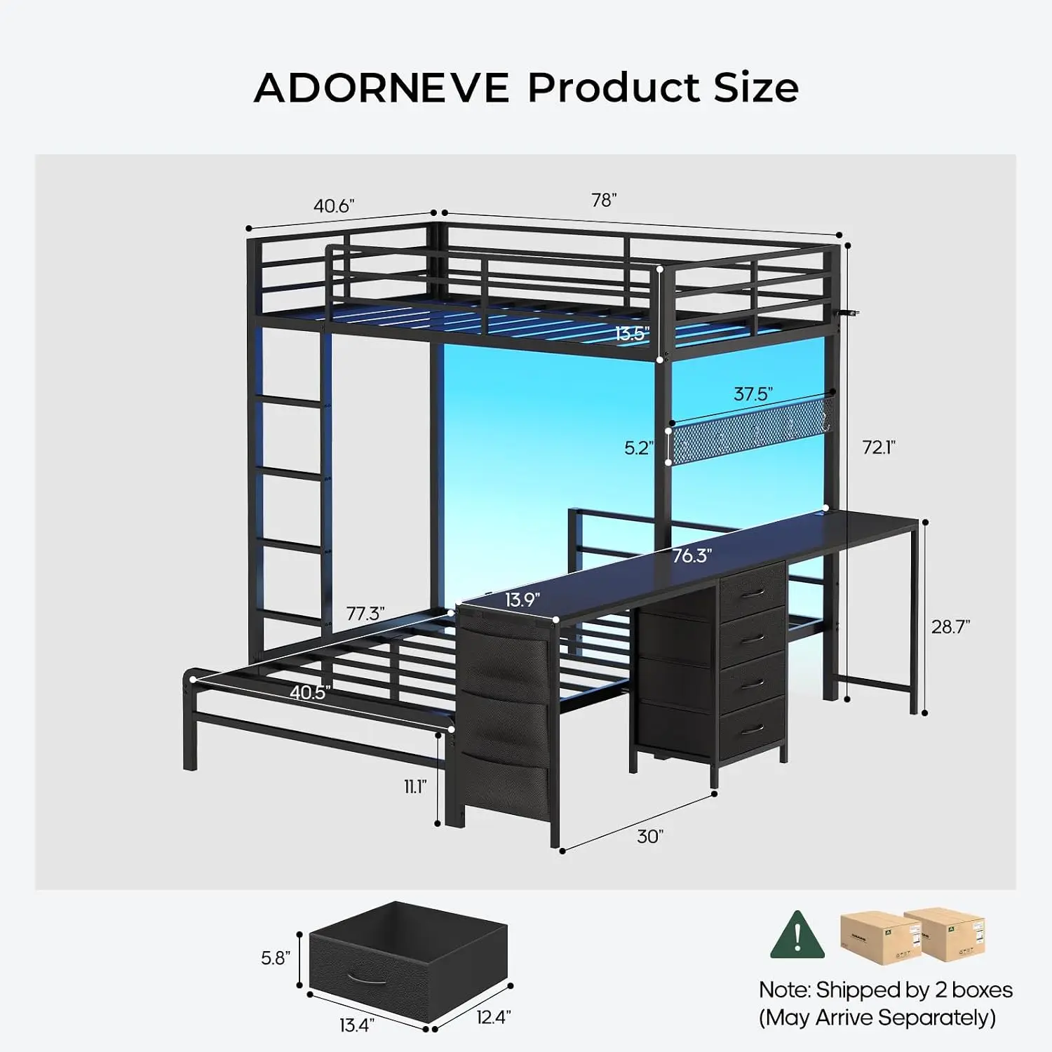 Bunk Bed Twin Over Twin with Drawers, 2 Person Desk, Black | Desk Built-in Power Strips,Twin Bunk Bed with LED, Customized