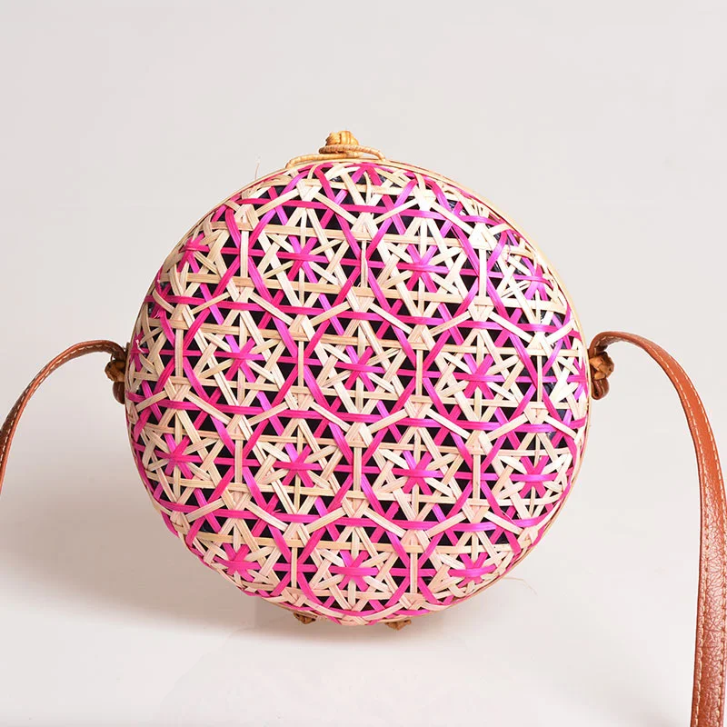 Round Bamboo Straw Bag Women Crossbody Bags Handmade Bohemian Summer Beach Bag Female Hollow Shoulder Bag Rattan Woven Bali Box