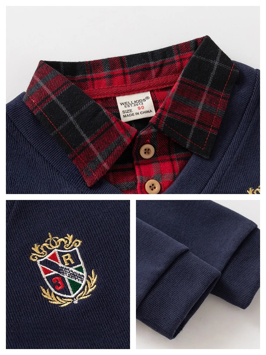 2026 Frühling Kinderkleidung Hoodie Jungen Preppy-Stil Fake-Zweiteiler Sweatshirt Karierter Kragen Langarm Besticktes Jungen-Oberteil – Detail 15