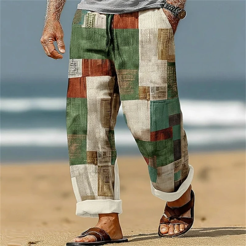Men's Geometric Color-Blocked Loose-Fit Casual Pants with Elastic Waistband and Drawstring Straight-Leg Beach Pants