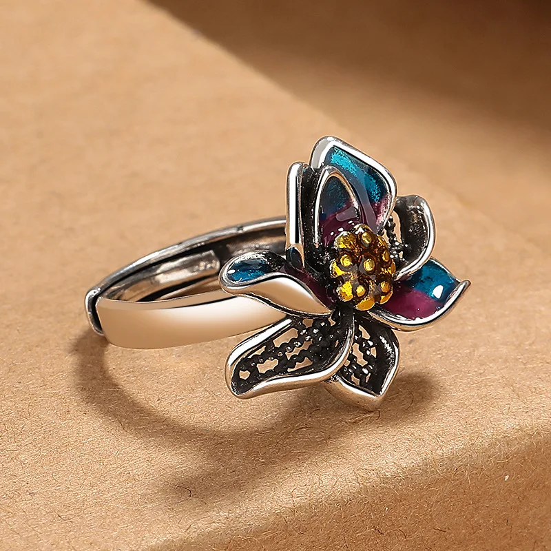 

Retro ethnic scenery, Thai blue enamel lotus ring, female personality, simple Thai silver fashion, vintage, living mouth ring