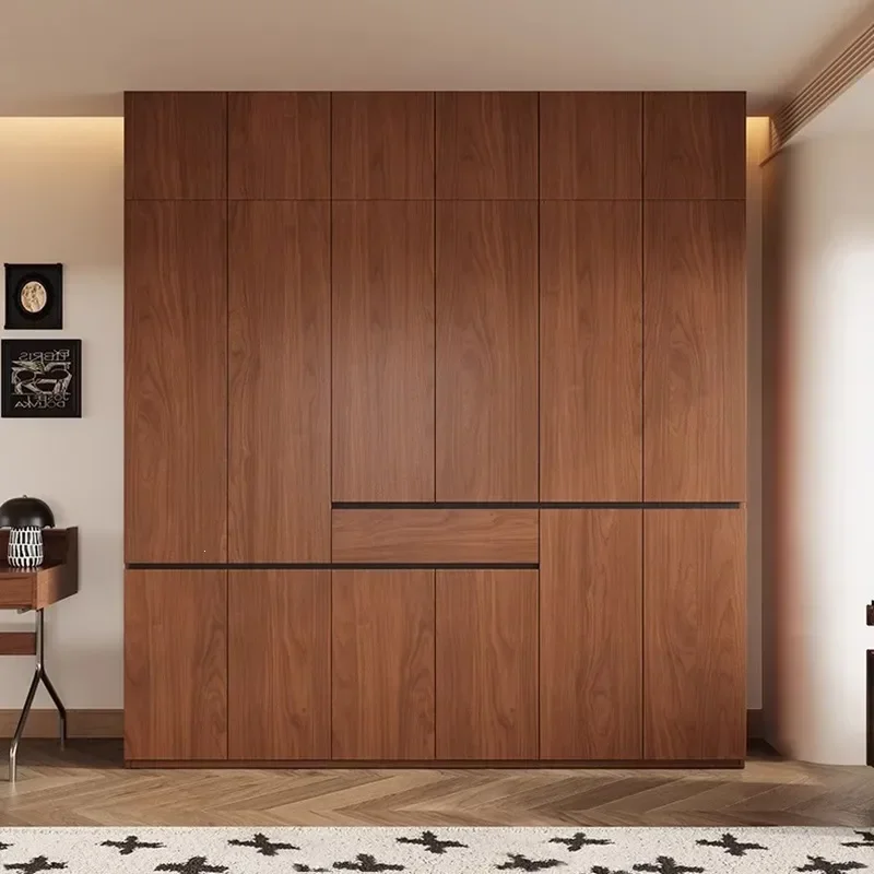 Solid Oak Wardrobe Walnut Wabi Sabi Style Bedroom Furniture Segmented Handleless Closet Home Storage Cabinet