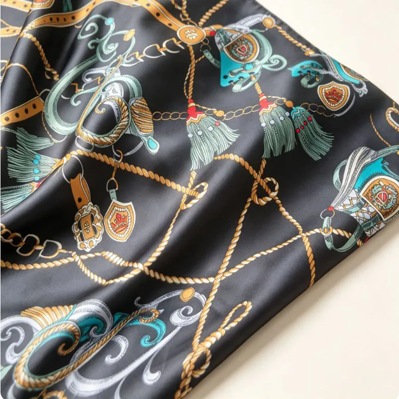 Luxury Vintage Chain Equestrian Print Satin Fabric, Dark Black Tassel Buckle Pattern Sewing Cloth for Scarf Dress DIY Craft