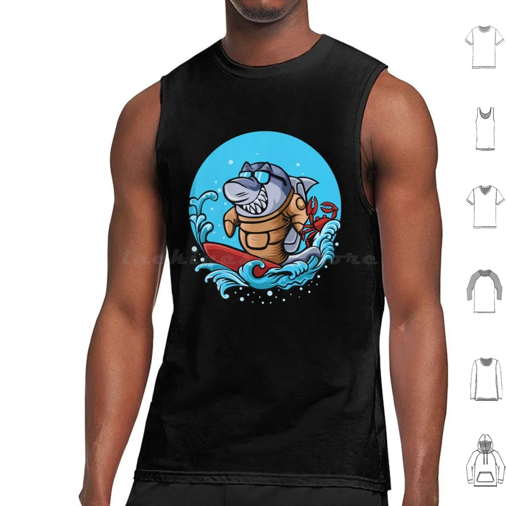 Shark Surfing Tank Tops Vest Sleeveless Jimmy Buffett Beach Parrothead Margaritaville Buffett Parrot Surfing Pirate