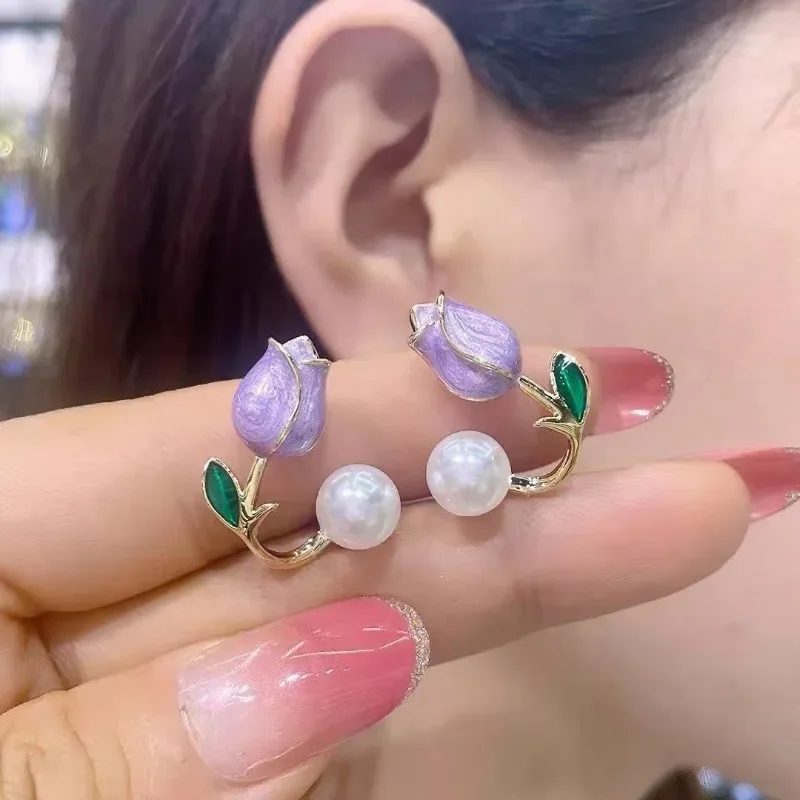 Charm Purple Tulip Flower Pearl Stud Earrings for Women Boho Cute Sweet Dangle Earring Party Wedding Jewelry Romantic Girl Gifts