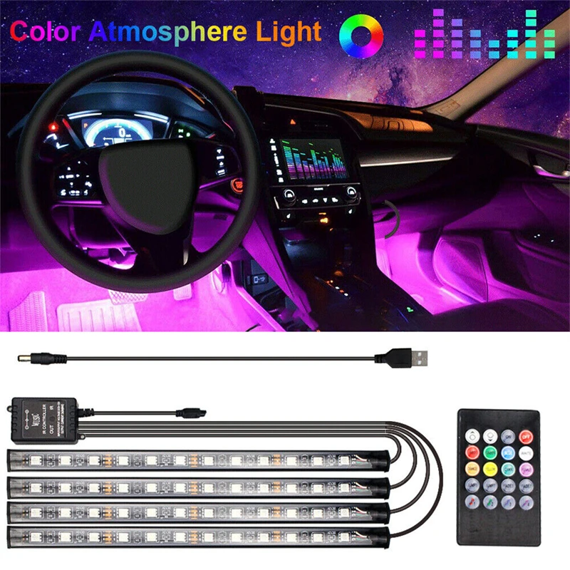 4In1 48 72 LED Car Interior Ambient Foot Light Voice Control Remote Music App Control Auto RGB Atmosphere Decorative Lamps