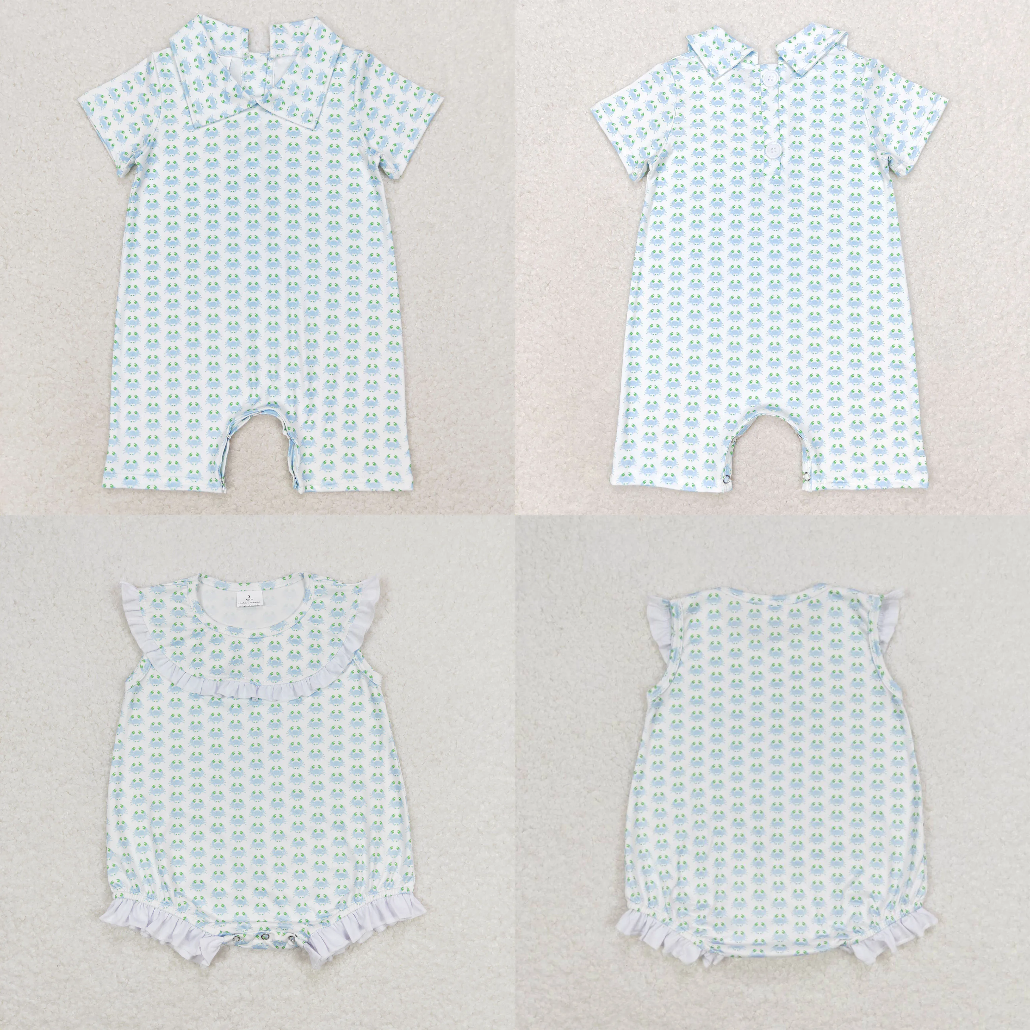 Wholesale Toddler One-piece Print Crab Romper Newborn Baby Girl Boy Summer Kids Children Short Sleeves Blue Stripes Clothing