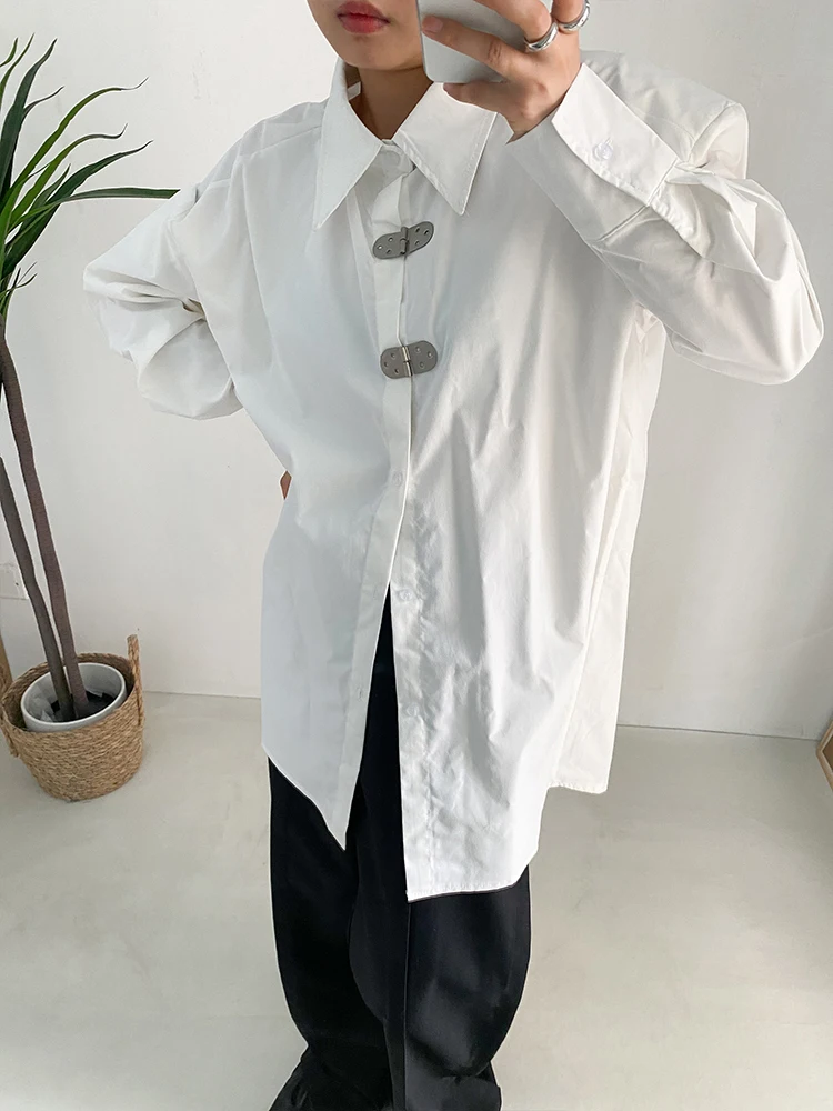 [EAM] Women White Shaped Big Size Casual Blouse New Lapel Long Sleeve Loose Fit Shirt Fashion Tide Spring Autumn 2024 1DF1136